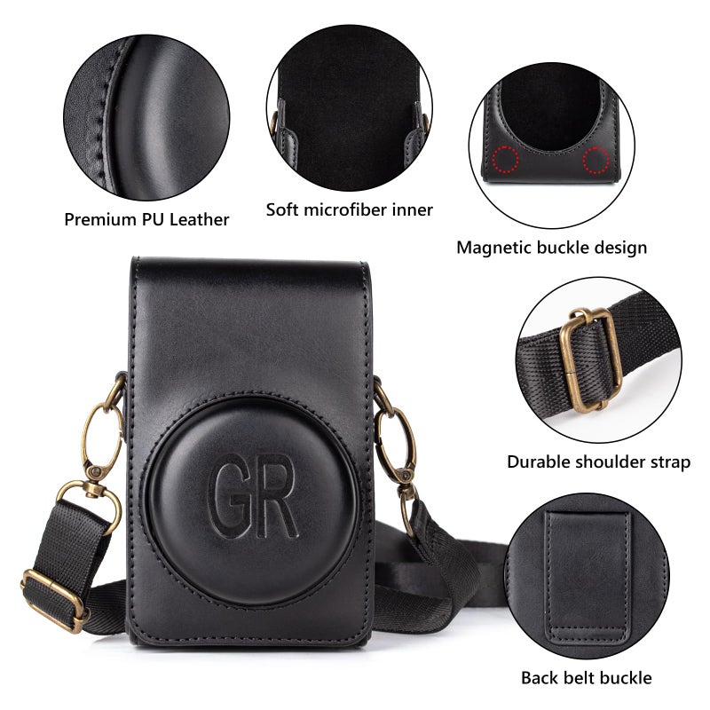 kinokoo Protective Case for Ricoh GR/GR II/GR III/IIIX /GR IV Camera, PU Leather GR GR II GR III GR IIIX GR IVCamera Case Cover with Shoulder Strap - Retro Style Easy Carrying Bag- Black - Image 4